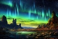 starry desert night with vibrant aurora borealis display