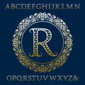 Starry gold letters with initial monogram. Stylish patterned font and elements kit for logo design Royalty Free Stock Photo