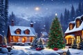 A Christmas tree in a snow covered cottage garden beneath a starry sky. Generative AI