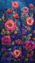 Starry Night Blooms: A Vibrant Peacock Tapestry on a Blue Floral