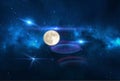 Cosmic light star flares and starry night blue sky and big moon  background Royalty Free Stock Photo