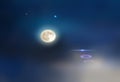 cosmic light star flares and starry night blue sky and big moon  background Royalty Free Stock Photo