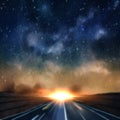 Starry night blue sky and orange  sunset beam flares   milky way nature landscape Royalty Free Stock Photo