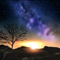 Starry night blue sky and orange  sunset beam flares   milky way nature landscape Royalty Free Stock Photo