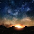 Starry night blue sky and orange  sunset beam flares   milky way nature landscape Royalty Free Stock Photo