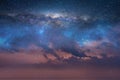 Starry night blue sky on pink sunset nebula Aurora borealis milky way dramatic clouds cosmic space weather background