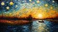 Vibrant Palette Knife Oil Painting: Stars Over River With Canoe