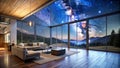 Starry Night Cabin: A Contemporary Cabin with Smart Features and a Digital Sky  AI Generated Royalty Free Stock Photo