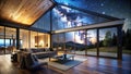 Starry Night Cabin: A Contemporary Cabin with Smart Features and a Digital Sky  generative AI Royalty Free Stock Photo