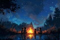 Starry night camping scene with father and child by a fire, perfect for storytelling in travel