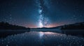 Starry night casting reflections over a tranquil lake Royalty Free Stock Photo