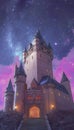 Starry Night Enchantment: Castle Under a Pink Sky in a Blend of Photorealism and Surrealism - Generative AI