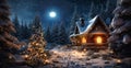 Starry night ,full moon ,winter forest , Christmas trees ,wooden cabin with light in windows, ,pine trees covered by snow Royalty Free Stock Photo