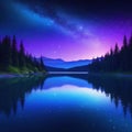 Starry night lake with bright star shine in the sky horizon reflecting on silky lake with splendid natural landscape in