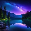 Starry night lake with bright star shine in the sky horizon reflecting on silky lake with splendid natural landscape in