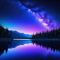 Starry night lake with bright star shine in the sky horizon reflecting on silky lake with splendid natural landscape in