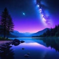 Starry night lake with bright star shine in the sky horizon reflecting on silky lake with splendid natural landscape in