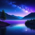 Starry night lake with bright star shine in the sky horizon reflecting on silky lake with splendid natural landscape in