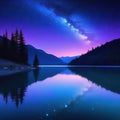 Starry night lake with bright star shine in the sky horizon reflecting on silky lake with splendid natural landscape in