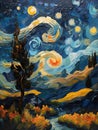 A starry night landscape reminiscent of Van Gogh.