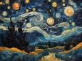 A starry night landscape reminiscent of Van Gogh.