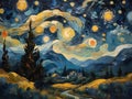 A starry night landscape reminiscent of Van Gogh.
