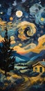 A starry night landscape reminiscent of Van Gogh.