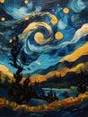 A starry night landscape reminiscent of Van Gogh.