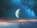 Starry night  moon on blue  sky at sea, sunset at  summer season , sea dark blue water  reflection ,moonlight blue lilac pink   ba Royalty Free Stock Photo