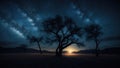 Starry Night With Lonely Tree Royalty Free Stock Photo