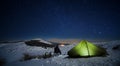 Starry Night On Man Looking Winter Landscape By Lighting Tent Royalty Free Stock Photo