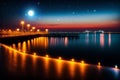 starry night and moon on pier in harbor port blurred evening light cruise ship on horizon City buildings silhouettes Royalty Free Stock Photo