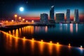 starry night and moon on pier in harbor port blurred evening light cruise ship on horizon City buildings silhouettes Royalty Free Stock Photo