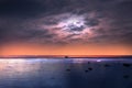 Starry night moon sea blue pink cloudy sky sunset light reflection on water wave reflection on horizon boat skyline nature