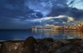 Starry night and moon at sunset sea harbor cruise line night light reflection on sea water seascape panorama Tallinn Estonia Royalty Free Stock Photo