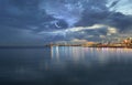 Starry night and moon at sunset sea harbor cruise line night light reflection on sea water seascape panorama Tallinn Estonia Royalty Free Stock Photo