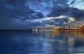 Starry night and moon at sunset sea harbor cruise line night light reflection on sea water seascape panorama Tallinn Estonia