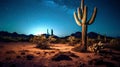 Starry Night Oasis: Majestic Cactus under a Celestial Desert Sky