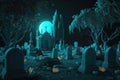 Starry night at the old cemetery on Halloween Day. Skulls and carved glowing pumpkins on the graves Royalty Free Stock Photo