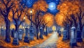 Starry Night Over the Autumn Cemetery Path Royalty Free Stock Photo