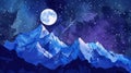 Starry night over blue mountain peaks with full moon