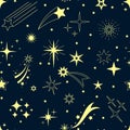 Starry night pattern. Seamless print with shooting star and falling comet, night sky with cosmos landscape. Vector Royalty Free Stock Photo