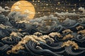 Starry night picture with sea wave in Japanese ink style landscape with moon and stars