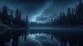 Starry Night Sky Over Tranquil Lake and Forest Reflection Royalty Free Stock Photo