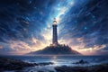 On a starry night by the seaside, a towering lighthouse stands against the dark horizon, Fantasy inspirations