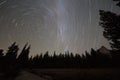 Starry night sky with circular star trails and blurred Milky Way