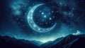 Starry Night Sky with Crescent Moon Over Mountain Range, Dreamy Nightscape Concept Royalty Free Stock Photo