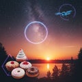 Starry night sky with digital neon elements, including a circle and a polygon overlaying Royalty Free Stock Photo