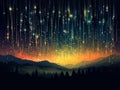 starry night sky with falling stars over mountains and trees Royalty Free Stock Photo