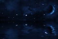 Starry night sky with halted moon over sea, bright stars and blue nebula Royalty Free Stock Photo